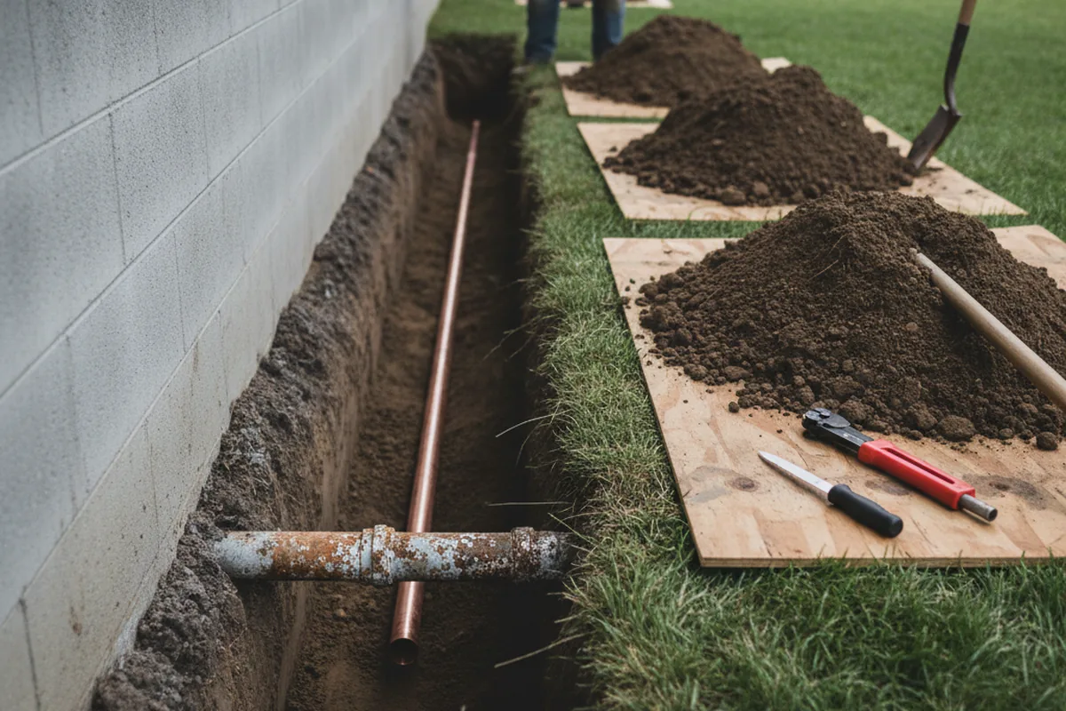 Excavated water line trench during Sewer Line Repair in Cooperstown